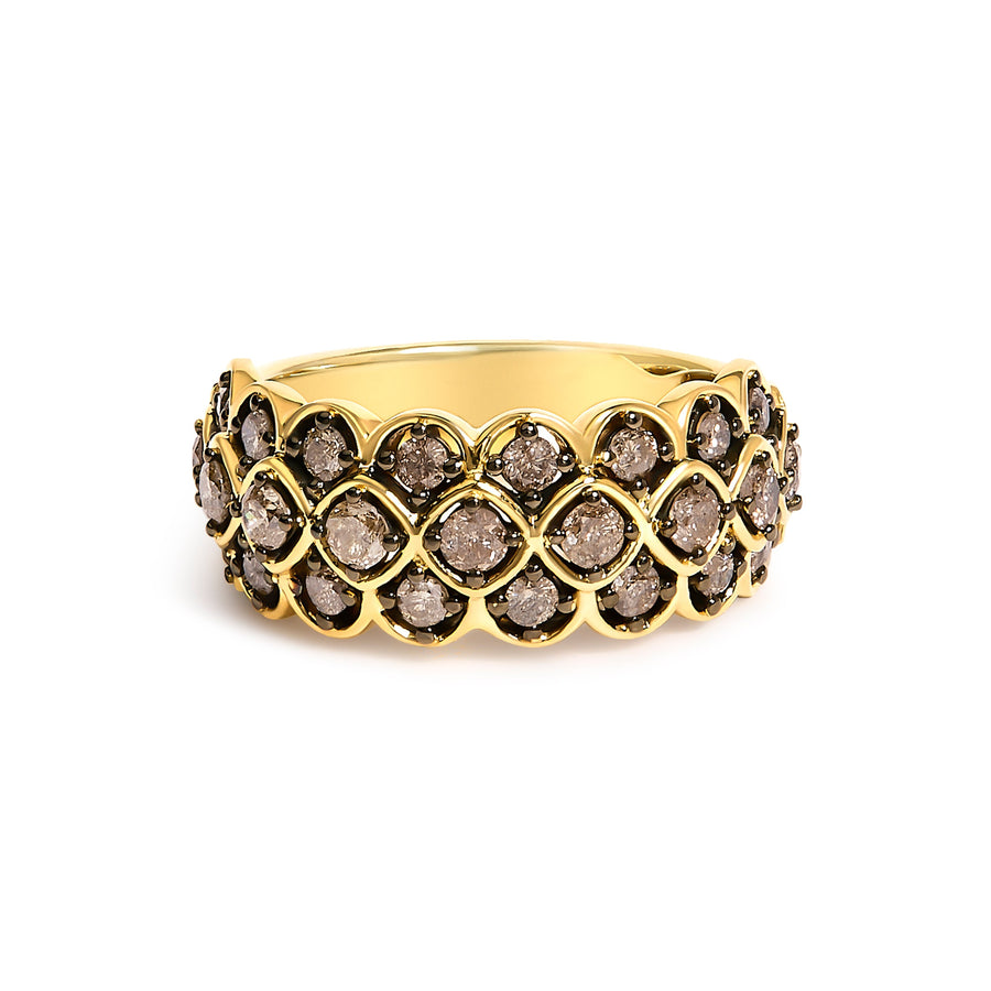 10K Yellow Gold Plated Sterling Silver 1.0 Cttw Brown Diamond Scalloped Motif Band Ring