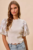 SO ME Floral Cotton Contrast Sleeves Scallop Sweater Top