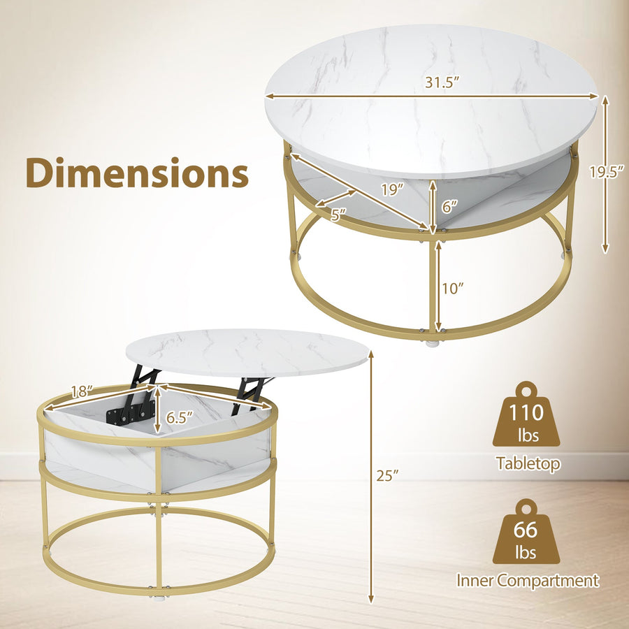 31.5 Inch Round Lift Top Coffee Table with Hidden Compartment and Side Shelves