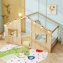 Twin Size House Bed with LED Lights Montessori Slat-free Floor Bed