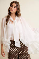 SO ME Sheer Ruffle Bell Sleeves Bow Tie Flowy Blouse Top