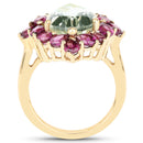 14K Yellow Gold Plated 7.21 Carat Genuine Green Amethyst and Rhodolite .925 Sterling Silver Ring