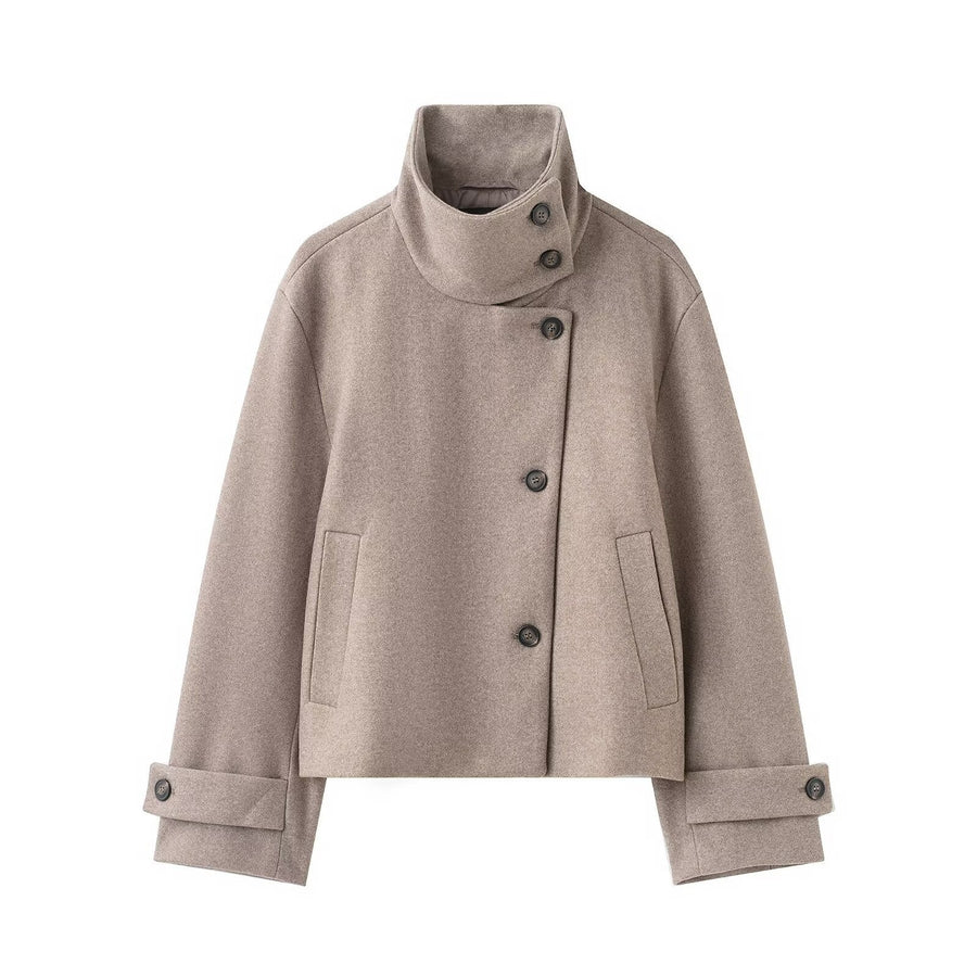 Womens Solid-Color Casual Stand-Collar Jacket With Buttons