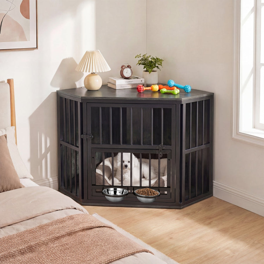 Wooden Dog Crate End Table with Adjustable Bowl Rack 35.5