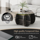 35" Round Coffee Table Unique Circle Center Table with Tempered Glass Top and Solid Wood Base-Black