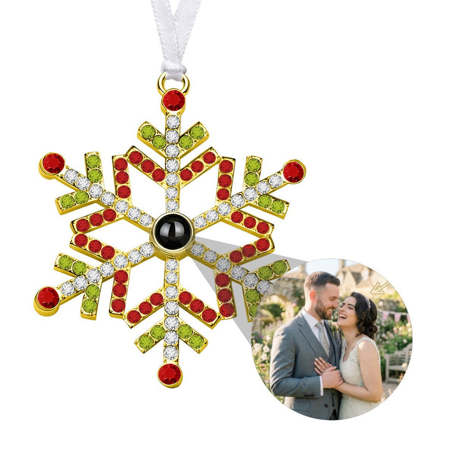 Personalized Photo Projection Red and Green Snowflake Ornament