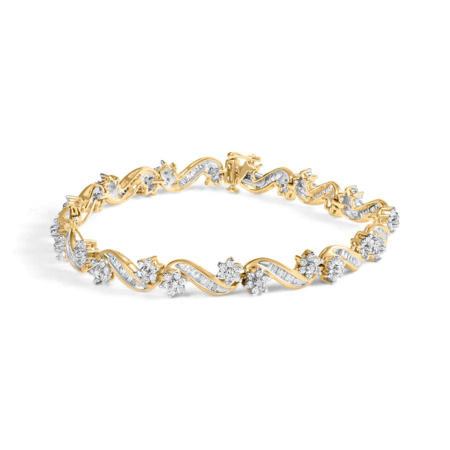 10k Yellow Gold 3.00 Cttw Round-Cut and Baguette-Cut Floral Link 7.25