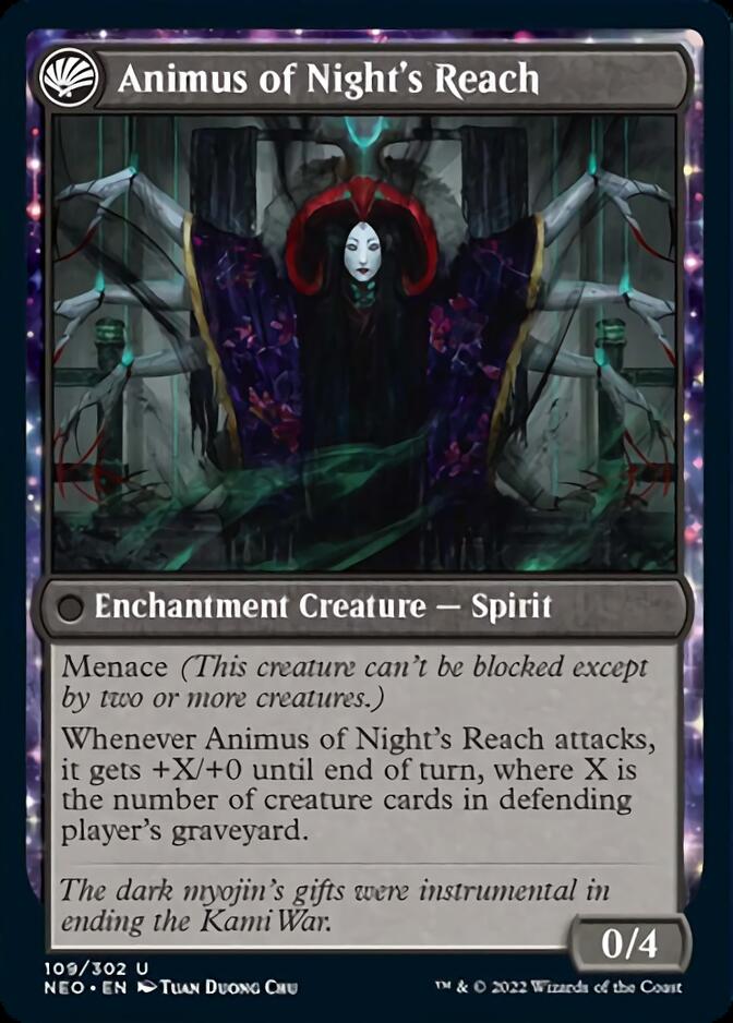 The Long Reach of Night // Animus of Night's Reach (NEO-109) - Kamigawa: Neon Dynasty: (fandfc, enchantment)