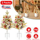 2Pcs Battery Powered Lighted Christmas Tree Urn Filler With Light Artificial Xmas Trees Light with Berries Balls LED Pathway Pine Tree IP44 Waterproof