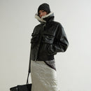 Color-blocked Relaxed-fit PU Faux Leather Black Turtleneck Jacket