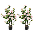 38 Inch Artificial Camellia Tree Faux Flower Plant in Cement Pot 2 Pack