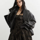 Gender-neutral Pleated Silhouette Ebony-brown Faux Leather PU Jacket