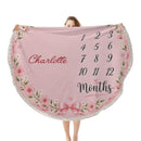 Personalized Baby Milestone Round Blanket with Name - Pink Floral Design with Month Numbers 1-12 and White Ruffle Edge - Baby Girl Gift