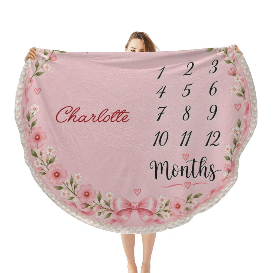 Personalized Baby Milestone Round Blanket with Name - Pink Floral Design with Month Numbers 1-12 and White Ruffle Edge - Baby Girl Gift