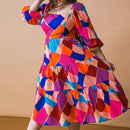 [3XL] Plus Size Magenta Blue Printed Woven Midi Dress