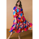 [3XL] Plus Size Magenta Blue Printed Woven Midi Dress
