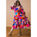 [3XL] Plus Size Magenta Blue Printed Woven Midi Dress