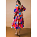 [3XL] Plus Size Magenta Blue Printed Woven Midi Dress