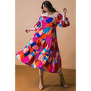 [3XL] Plus Size Magenta Blue Printed Woven Midi Dress