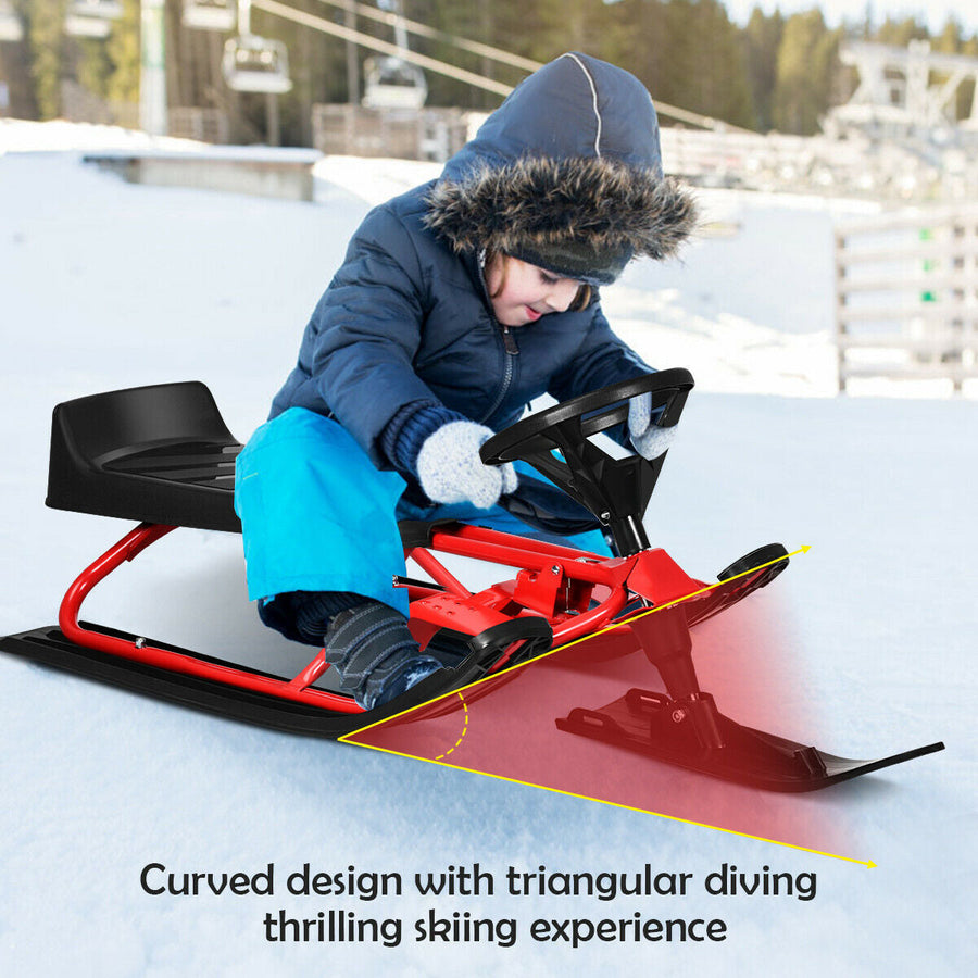 Kids Snow Sled with Steering Wheel and Double Brakes Pull Rope