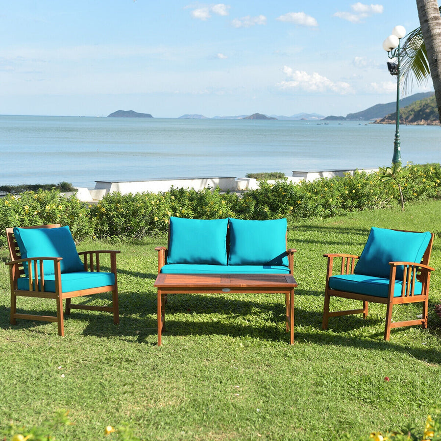 4-Piece Acacia Wood Patio Conversation Set with Cushions
