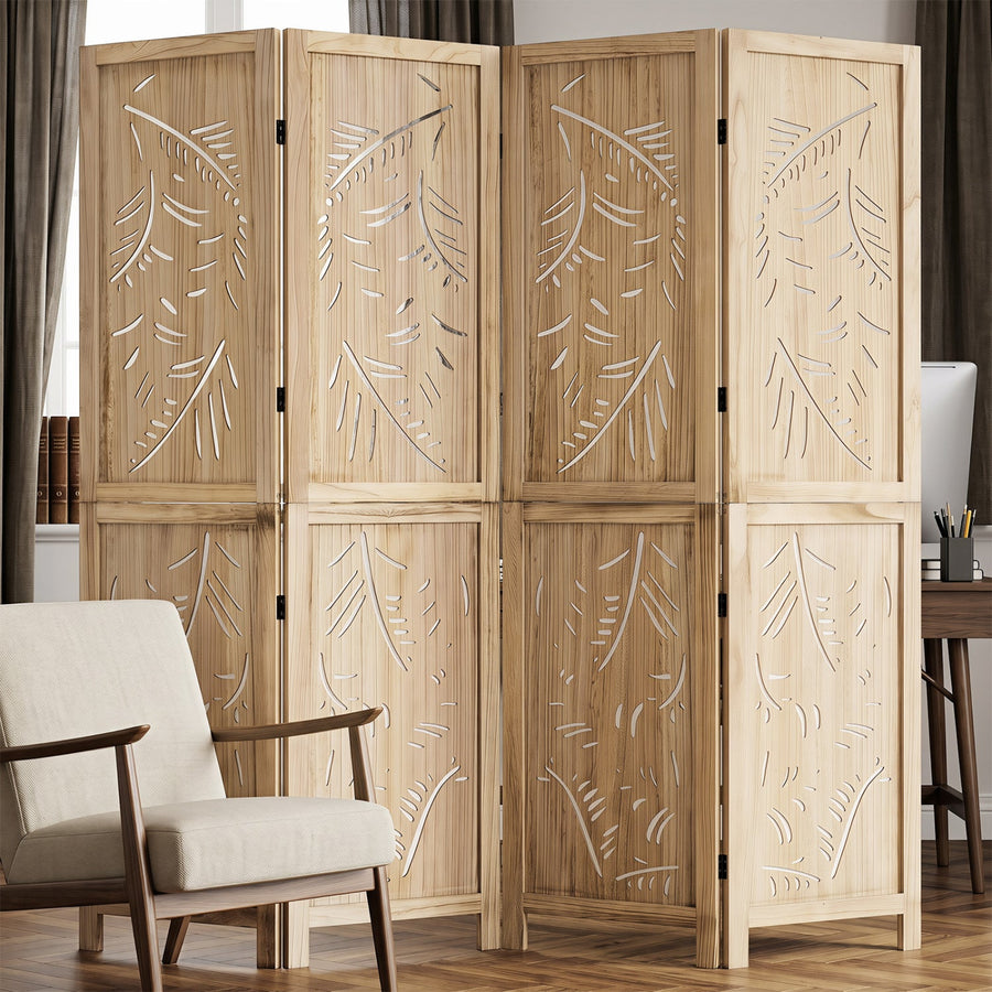 4-Panel Wooden Room Divider with Palm Leaf Design, 67