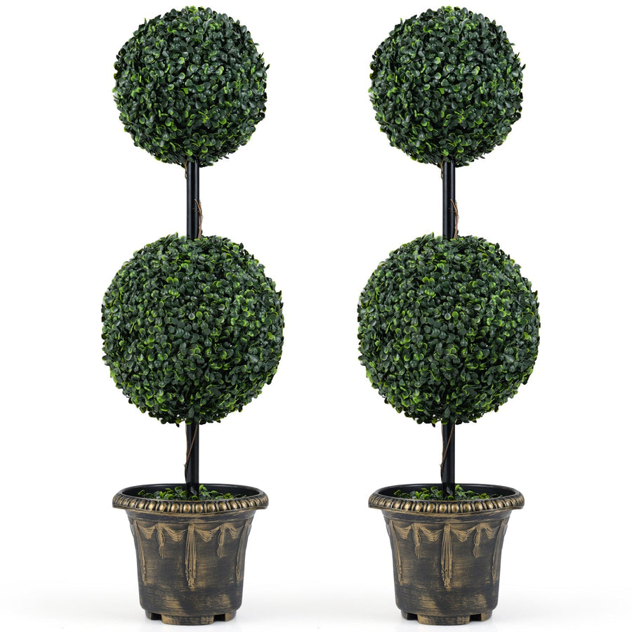 3 FT Artificial Boxwood Topiary Tree Double Ball Shrubs Set of 2