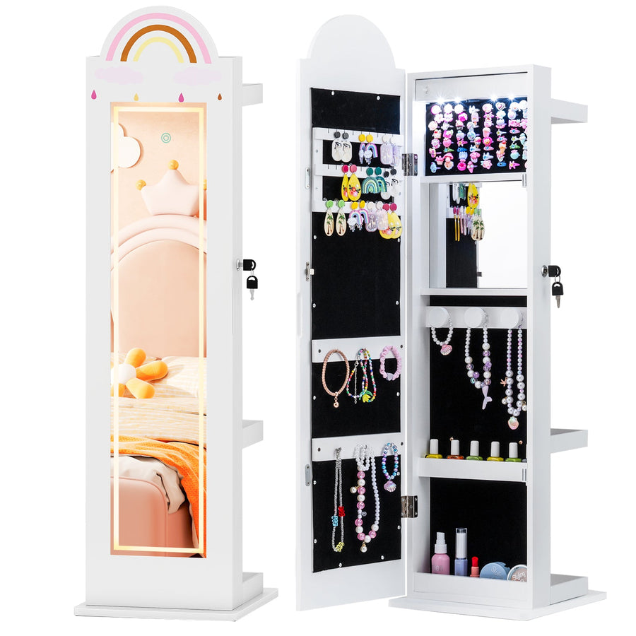 3 In 1 Kids Jewelry Cabinet Freestanding Jewelry Armoire with 3-Color Lighted Mirror
