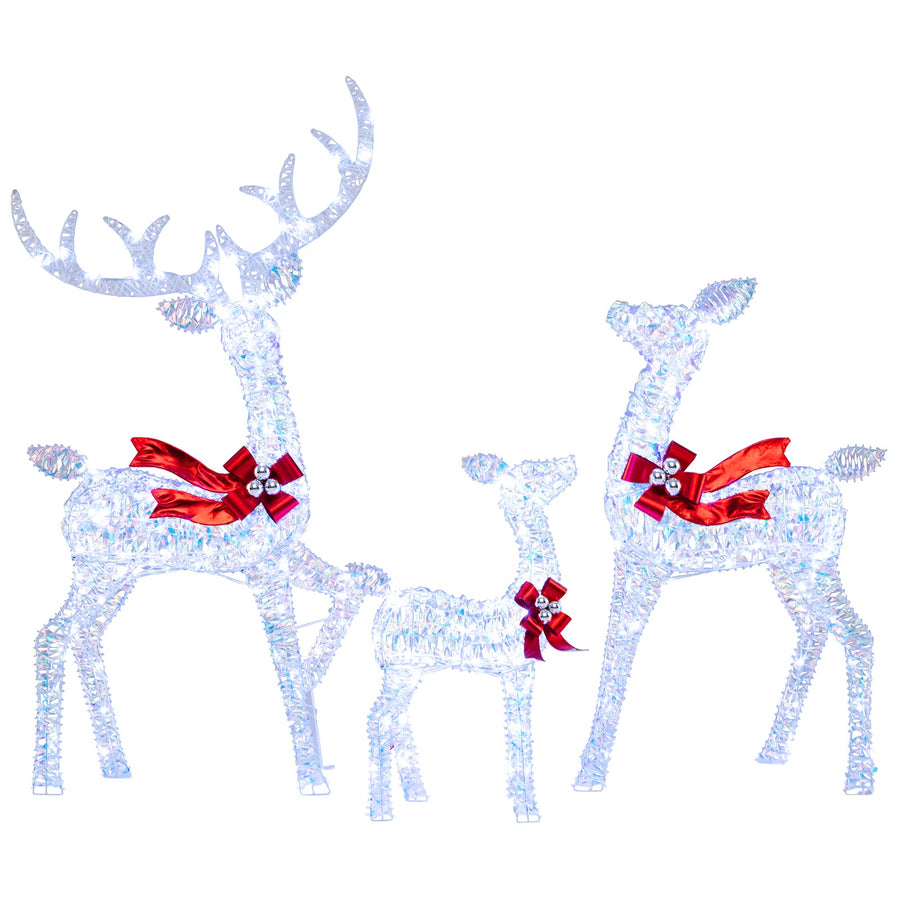 3-Piece Christmas Lighted Iridescent Reindeer Family Set with 215 Cold White LED Lights and Ground Stakes