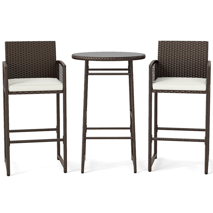 3 Piece Patio Bar Set Outdoor Wicker Bar Height Table and Armchairs-White