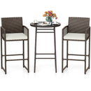 3 Piece Patio Bar Set Outdoor Wicker Bar Height Table and Armchairs-White