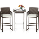 3 Piece Patio Bar Set Outdoor Wicker Bar Height Table and Armchairs with 2 Seat Cushions-White
