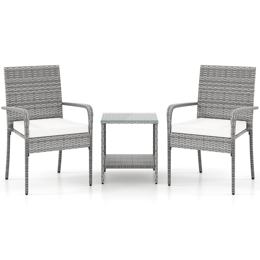 3 Piece Patio Furniture Set with Seat Cushions and Tempered Glass Tabletop for Balcony