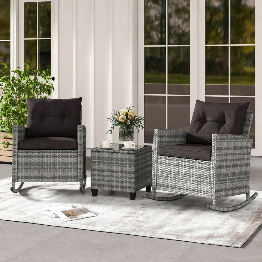 3-Piece Patio Rocking Chair Set with Glass Table & Cushions