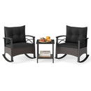 3 Piece Rocking Bistro Set PE Rattan Rocker Chairs with Acacia Wood Top Table