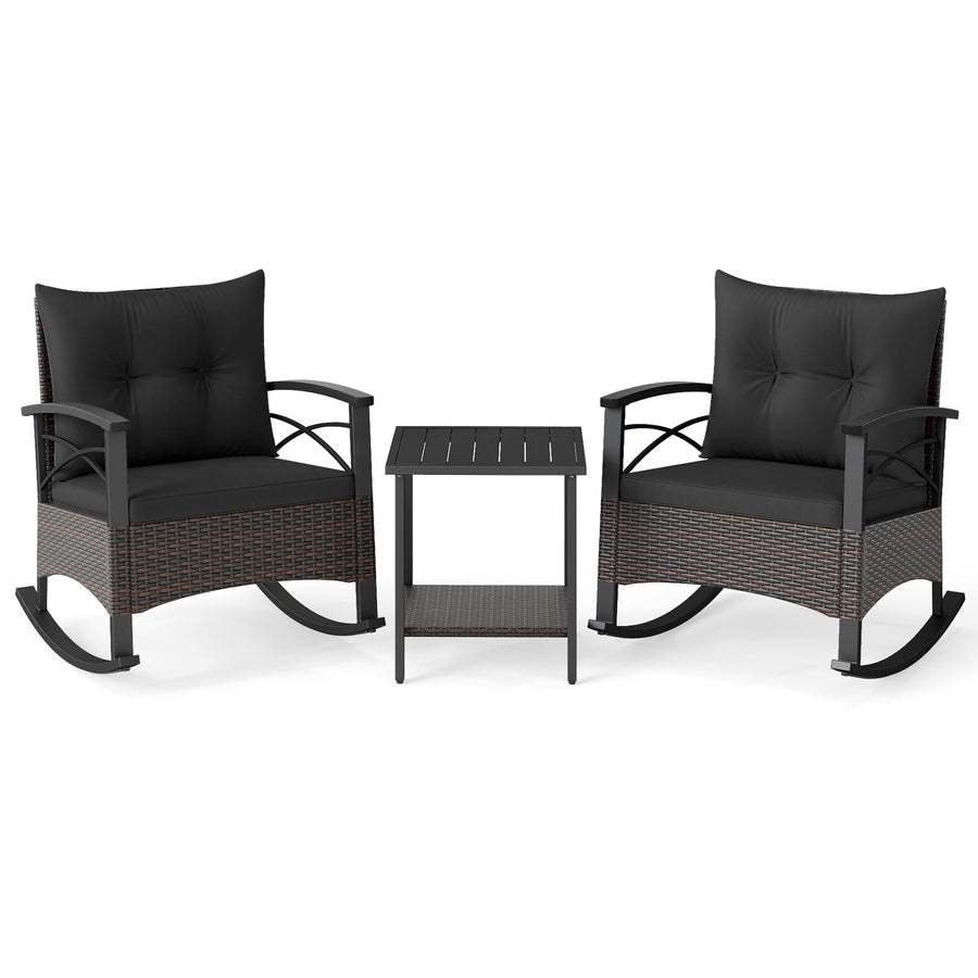 3 Piece Rocking Bistro Set PE Rattan Rocker Chairs with Acacia Wood Top Table