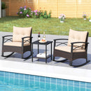 3 Piece Rocking Bistro Set PE Rattan Rocker Chairs with Acacia Wood Top Table