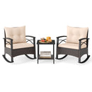 3 Piece Rocking Bistro Set PE Rattan Rocker Chairs with Acacia Wood Top Table