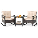 3 Piece Rocking Bistro Set PE Rattan Rocker Chairs with Acacia Wood Top Table
