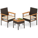 3 Piece Wicker Furniture Set with Acacia Wood Tabletop and Armrest for Balcony-White
