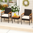 3 Piece Wicker Furniture Set with Acacia Wood Tabletop and Armrest for Balcony-White