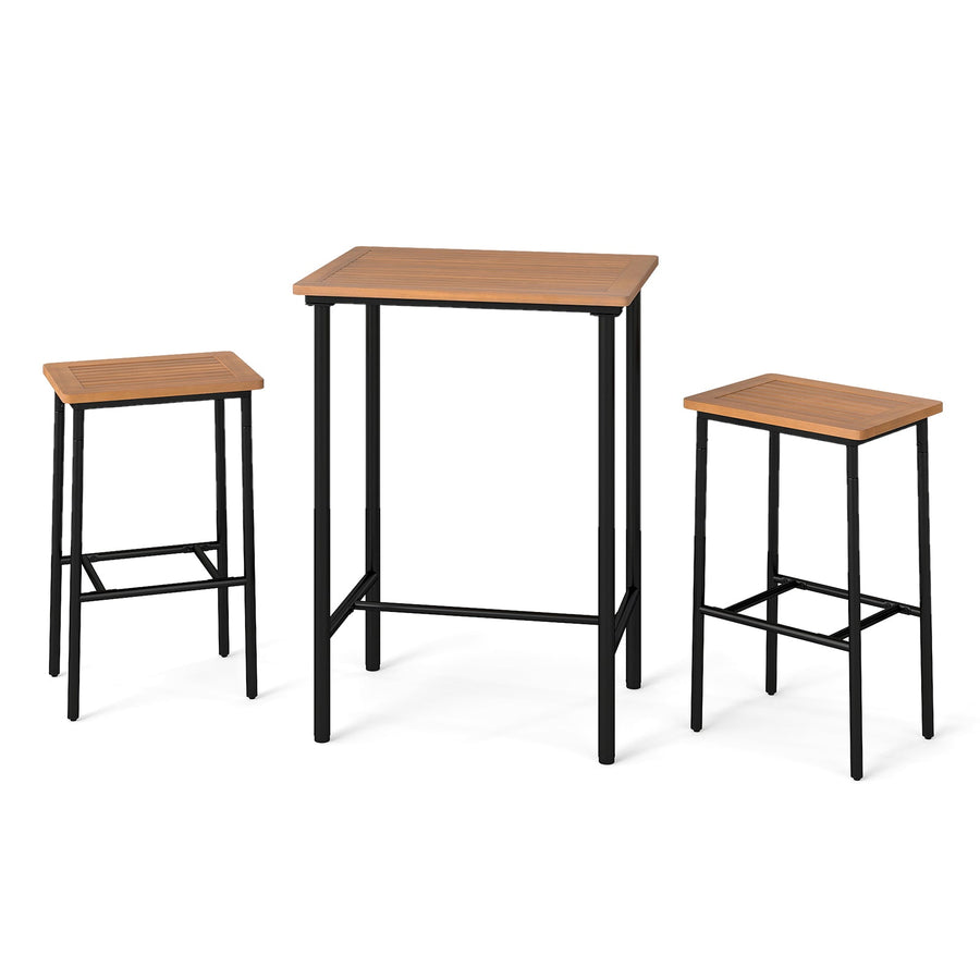 3 Pieces Acacia Wood Patio Bar Set Rectangular Table with Metal Frame