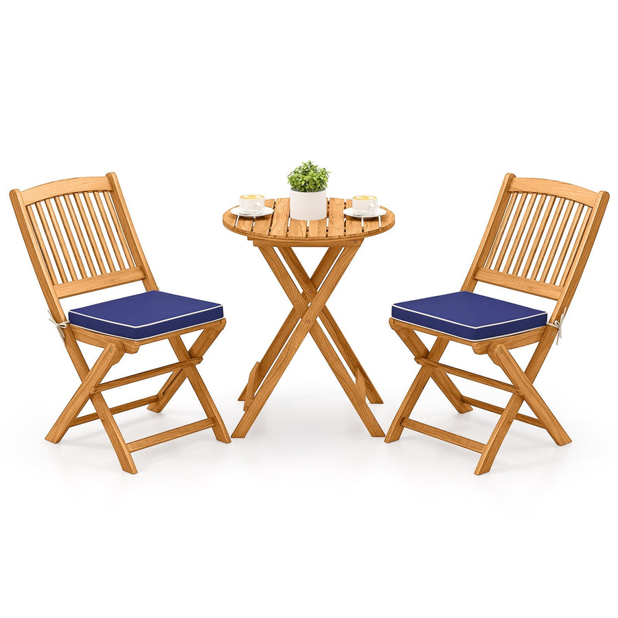 3 Pieces Acacia Wood Patio Folding Bistro Set with Soft Cushions