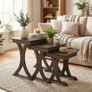 3 Pieces Nesting Coffee Table Side Table with Solid Rubber Wood Legs-Brown