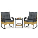 3 Pieces Outdoor Rattan Rocking Chairs Set with 2-Tier Side Table for Garden Backyard