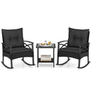 3 Pieces Outdoor Rattan Rocking Chairs Set with 2-Tier Side Table for Garden Backyard