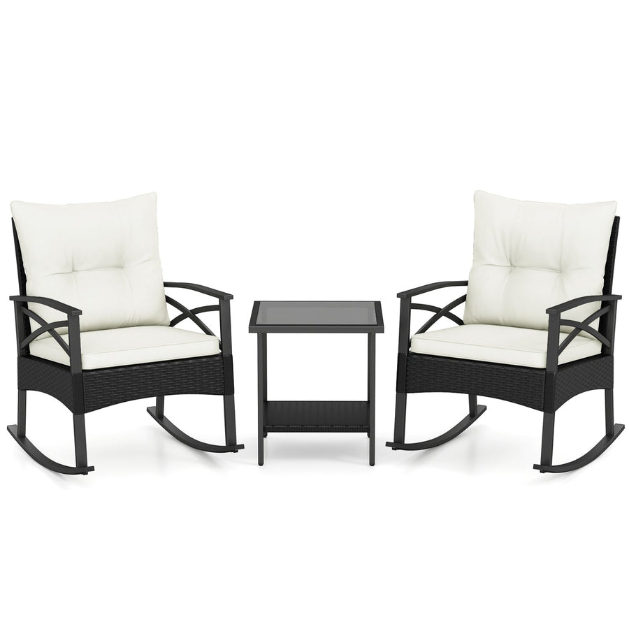3 Pieces Outdoor Rattan Rocking Chairs Set with 2-Tier Side Table for Garden Backyard
