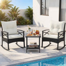 3 Pieces Outdoor Rattan Rocking Chairs Set with 2-Tier Side Table for Garden Backyard