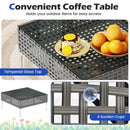 3 Pieces PE Rattan Conversation Chairs with Tempered Glass Coffee Table for Garden Porch-Navy