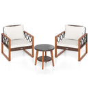3 Pieces Patio Furniture Set with Tempered Glass Top Table and Soft Cushions-Off White